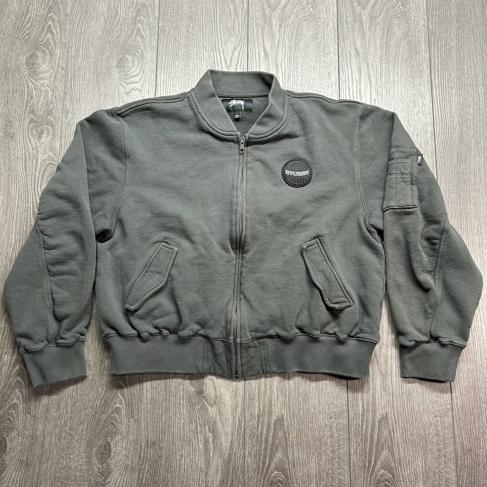 Stussy Global Roots Faded Grey Fleece Bomber Jacket Womens Large Zip Up Utility